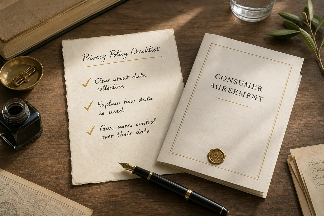 A short checklist with gold ticks beside a folded consumer agreement on a parchment desk