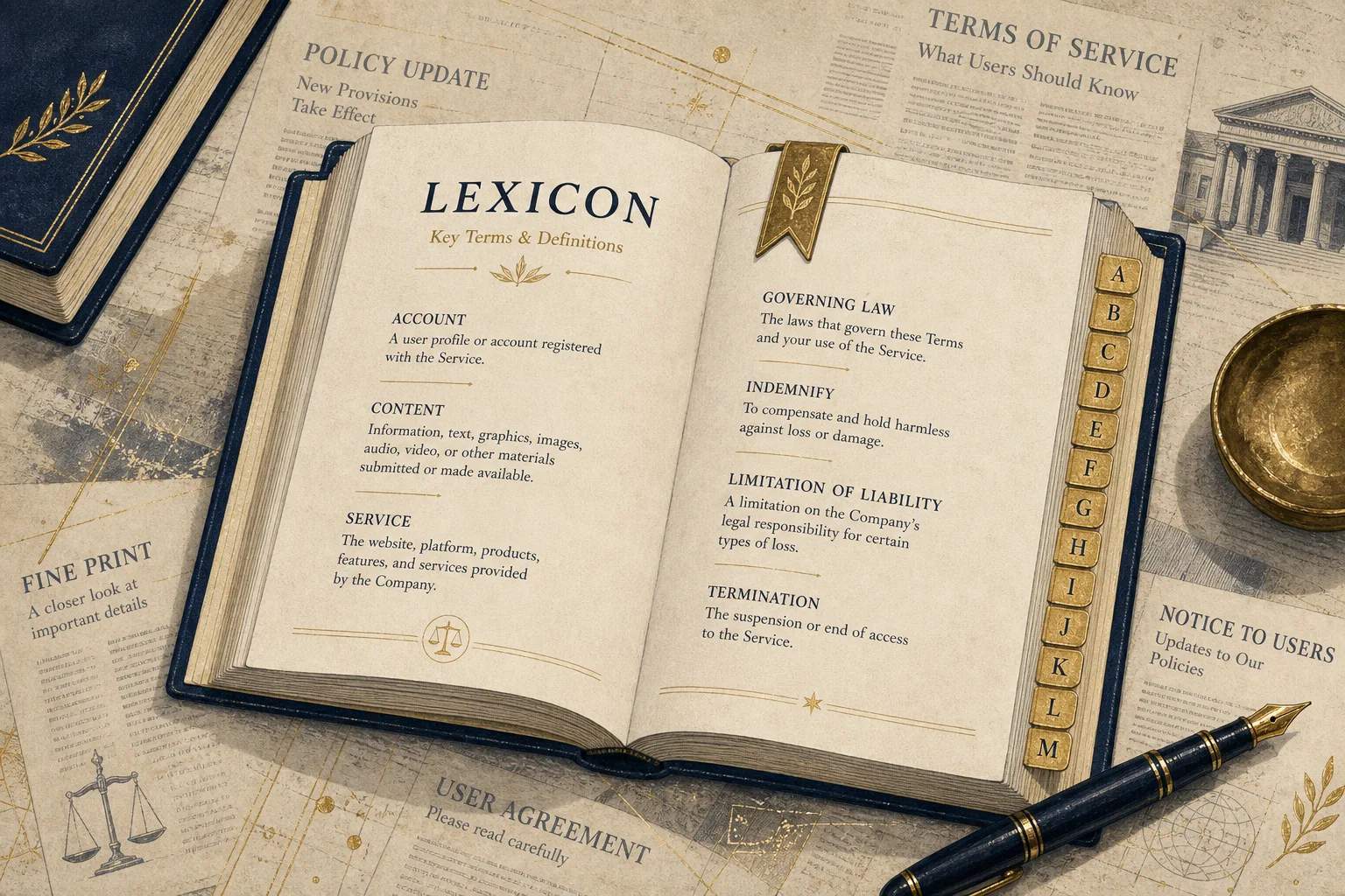 An open lexicon on a parchment briefing desk with gold index tabs and a fountain pen