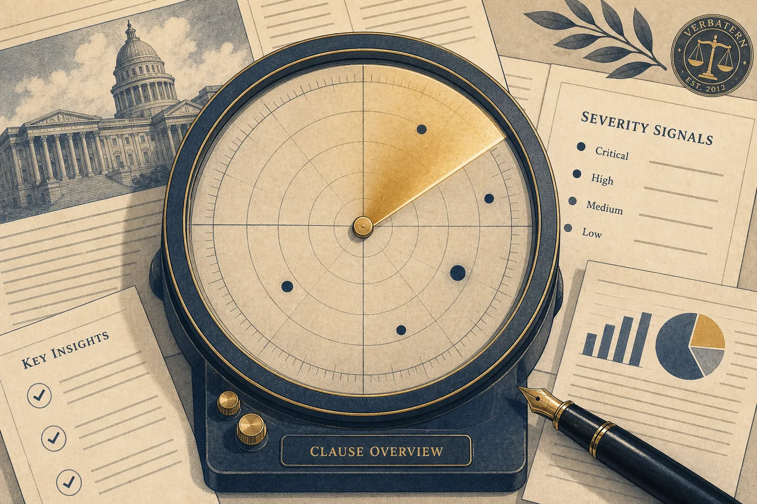 A precision radar instrument on a briefing desk tracking marked clause signals