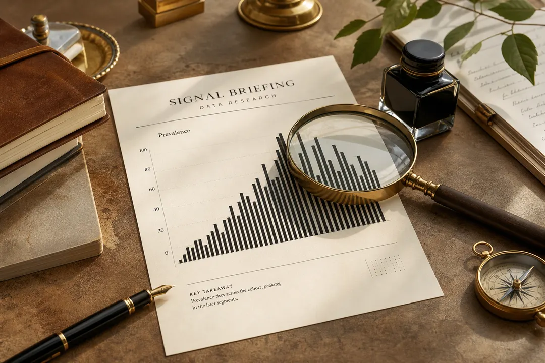 A parchment desk with a printed bar chart and magnifying glass beside a fountain pen