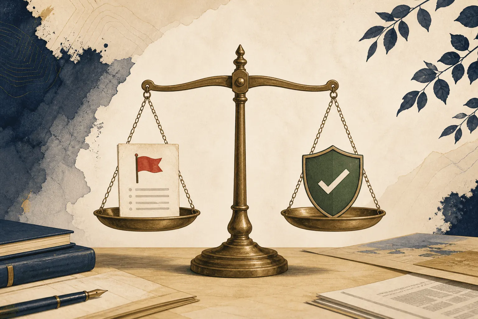 A balance scale weighing a warning flag against a protective shield on a parchment desk