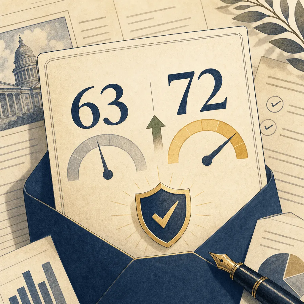 Illustration of a policy score rising with a green shield accent