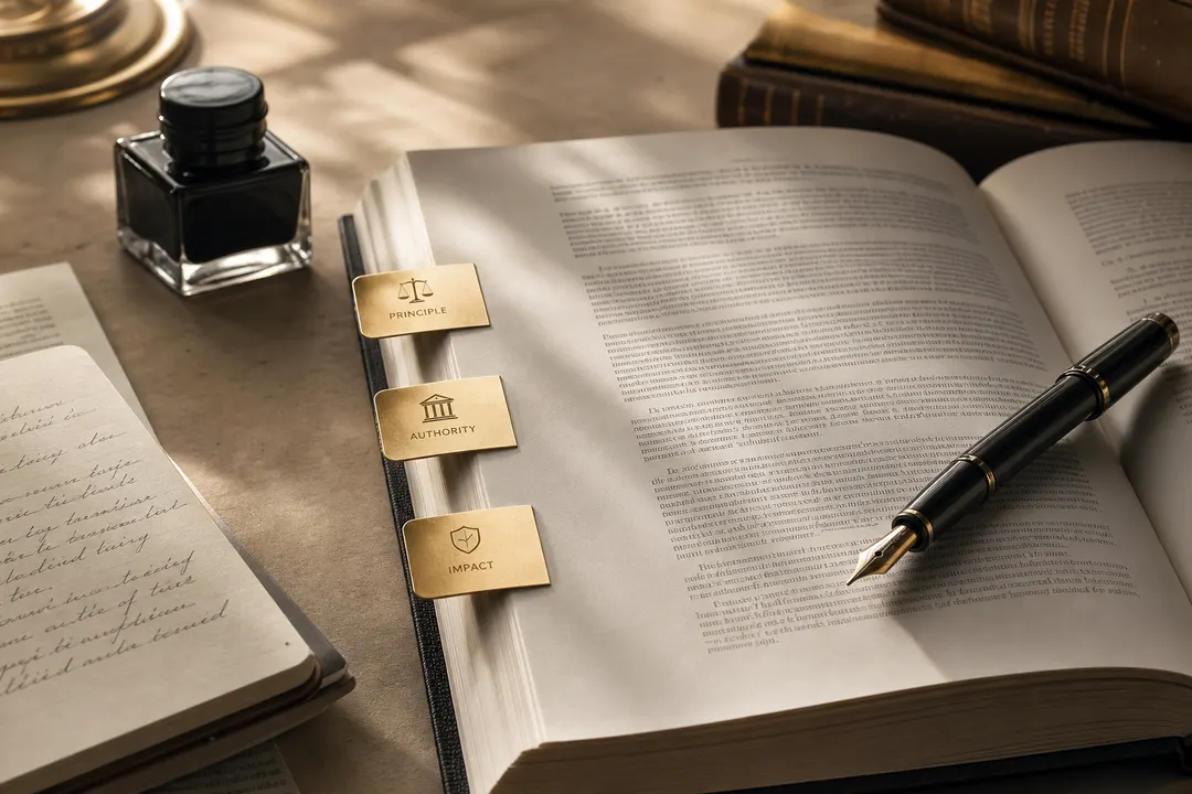 An open fine-print briefing with three gold-tabbed clause markers on a parchment desk