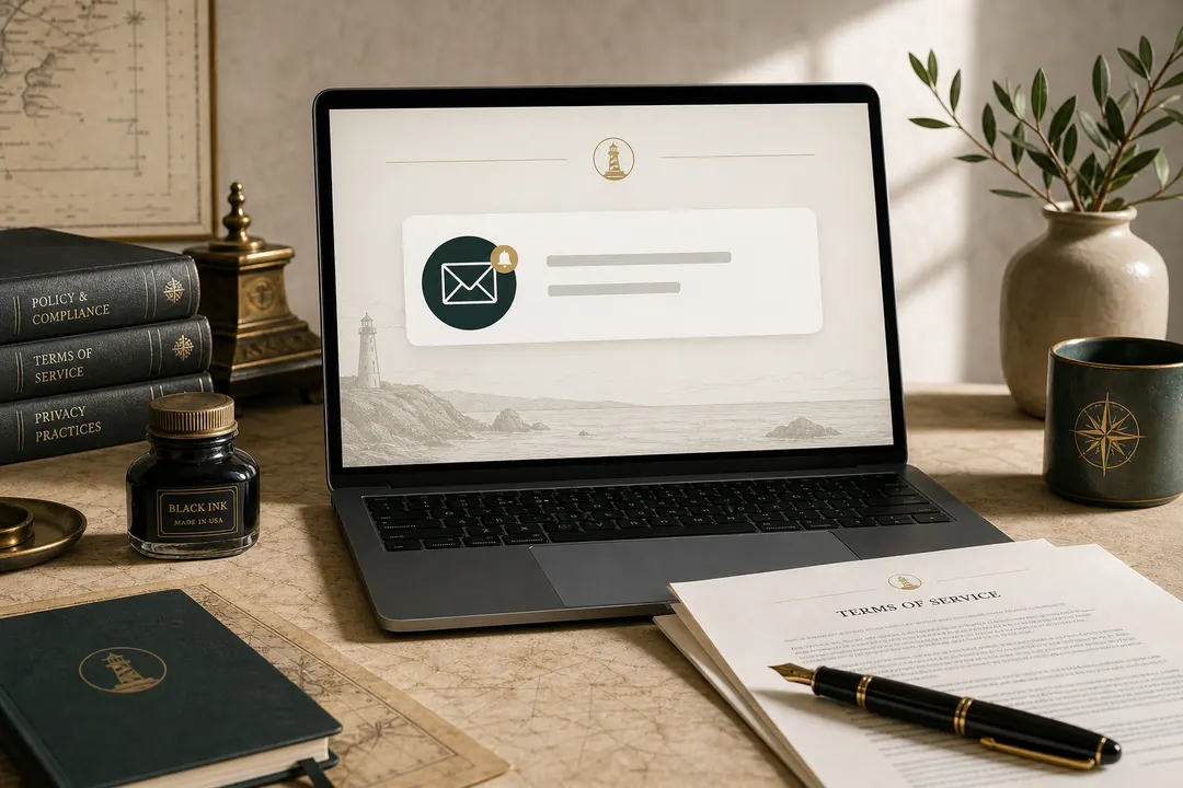 A parchment desk with an open laptop showing a calm policy-update email notice beside printed terms